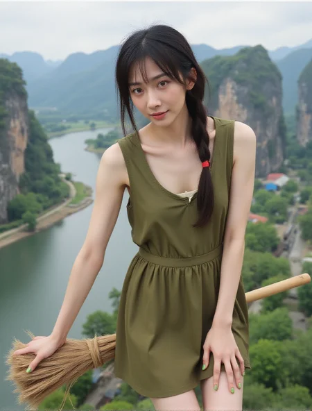 flying broomstick, a asian  woman,<lora:yinloop:0.7>, wavy twintail hair flying sideway, bang, wear low cut green skimpy sheer Hanfu top dress, creamy green nails paint, open arm, leaning left hand standing on a long broomstick in middle of the air, above aerial view of  karst mountains, calm river, dramatic limestone peaks, view from above,  <lora:flying-broomstick:0.8>  <lora:Flux_Skinny_Thinspo_Petite:0.4> <lora:MysticXXX-V6:0.6> <lora:oversize-bra-nipple:0.3>