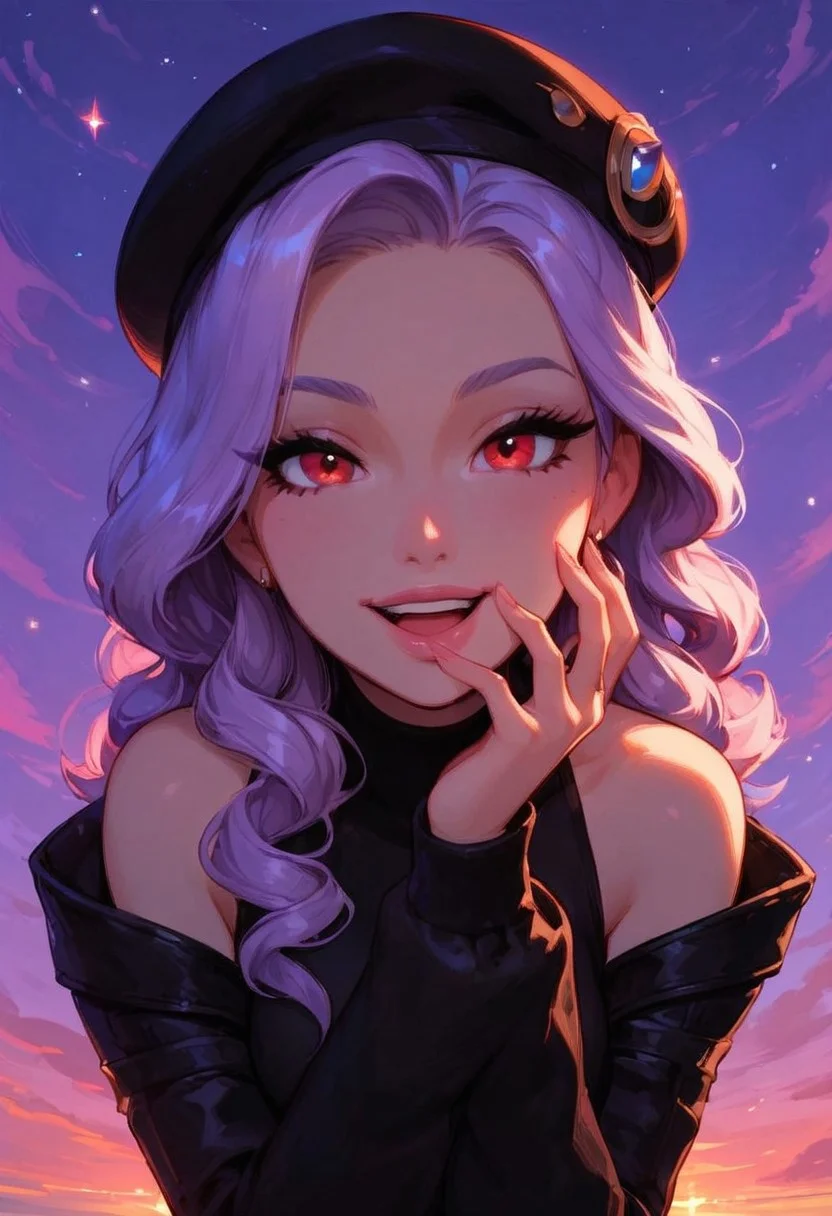 score_9, score_8_up, score_7_up, cute, faded bright colours, ultra detailed, dynamic sunlights, dynamic shades, one cute girl, cute Brazilian woman, backyard, black leather jacket, beret, laughing, delighted, slender, light purple hair, curly hair, shiny-red eyes, smile, bare shoulder, black leather jacket, looking at viewer, sunset, beach boardwalk, dynamic pose, high angle shot..
In the dimly lit chamber, the enchantress' eyes sparkled with a tantalizing promise, their depths shimmering like twin stars. Her gaze, intense and mesmerizing, held the power to captivate and ensnare. The soft glow of the firelight played across her delicate features, highlighting the allure of her enigmatic smile. Draped in flowing, ethereal robes that clung to her graceful form, she moved with a fluid elegance that seemed almost otherworldly. Each glance she cast was a silent invitation, filled with the unspoken allure of secrets and desires yet to be revealed. The air around her thrummed with a subtle, magical energy, as if the very atmosphere responded to her presence. Those who met her gaze felt a magnetic pull, drawn into the spellbinding promise of her eyes, unable to look away.