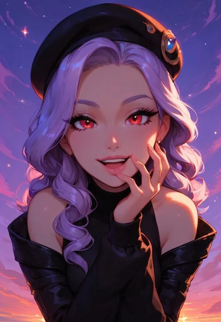 score_9, score_8_up, score_7_up, cute, faded bright colours, ultra detailed, dynamic sunlights, dynamic shades, one cute girl, cute Brazilian woman, backyard, black leather jacket, beret, laughing, delighted, slender, light purple hair, curly hair, shiny-red eyes, smile, bare shoulder, black leather jacket, looking at viewer, sunset, beach boardwalk, dynamic pose, high angle shot..
In the dimly lit chamber, the enchantress' eyes sparkled with a tantalizing promise, their depths shimmering like twin stars. Her gaze, intense and mesmerizing, held the power to captivate and ensnare. The soft glow of the firelight played across her delicate features, highlighting the allure of her enigmatic smile. Draped in flowing, ethereal robes that clung to her graceful form, she moved with a fluid elegance that seemed almost otherworldly. Each glance she cast was a silent invitation, filled with the unspoken allure of secrets and desires yet to be revealed. The air around her thrummed with a subtle, magical energy, as if the very atmosphere responded to her presence. Those who met her gaze felt a magnetic pull, drawn into the spellbinding promise of her eyes, unable to look away.