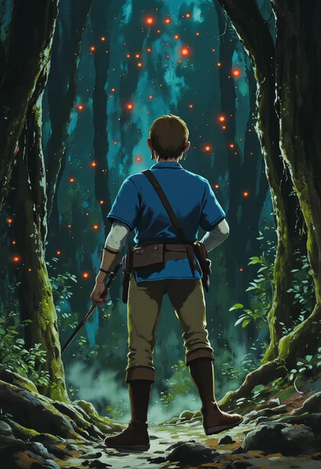 Vector art, uhd, 8k, 4k, epic, dramatic, Jujutsu kaisen manga, 4k quality, (Perfect hand:1.4), anime, (masterpiece), (detailed face), detailed,
Rendered in a style redolent of Impressionism, the painting utilizes a vibrant.
(Full body:1.4) digital artwork of Link wearing a blue tunic, tan pants, and brown boots. (He is holding the master sword in one hands in a low stance, ready to defend attacks with his sharp blade). (Many glowing red eyes of spirits can be seen behind him). He looks around the forest watching for attacks.
The background is a dark forest. The overall mood is ethereal and ghostly. Unknown spirits haunt the forest.