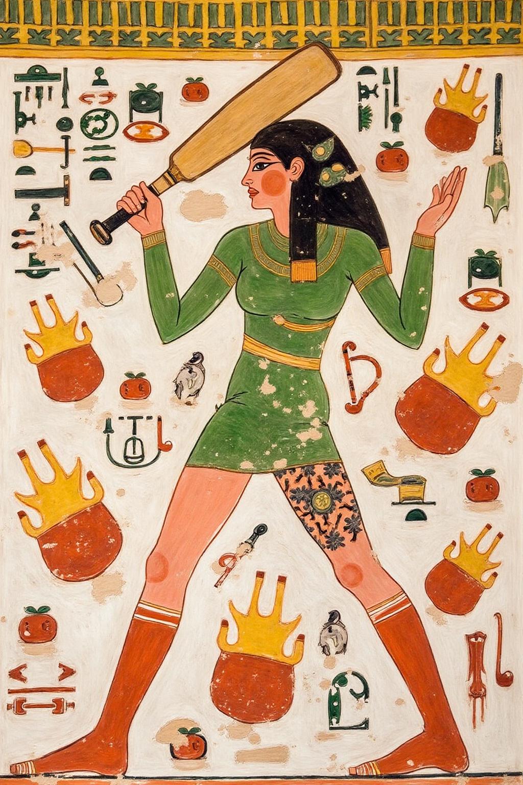 egyptian painting.
Full body, liquid splash, cartoonish juicy fruits chaos, dynamic pose, dynamic camera, a fashion shoot of a young woman threateningly holding a baseball bat in her hands, full body tattoo, wearing green short sweater, miniskirt, knee socks, orange sneakers, aggressive facial expression, wall with graffiti in the background,  <lora:egypt1_cap_d6a3:1.0><lora:829974233775009248:0>