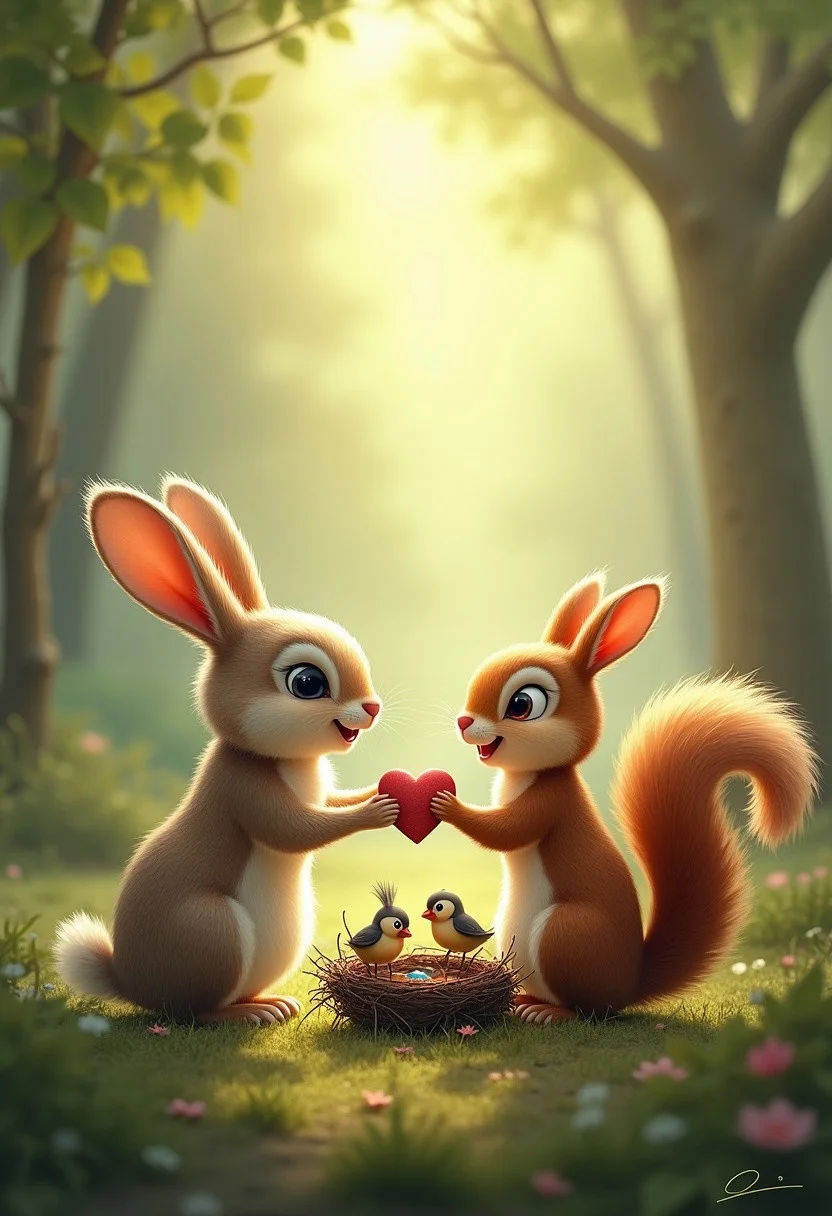 masterpiece, best quality, highly detailed, score_9, score_8_up, score_7_up.
(realistic)
Soft, sun-dappled forest clearing
Rabbit offering a heart-shaped stone to a squirrel
Squirrel with bright, joyful eyes
Birds crafting a cozy nest from twigs and moss
Gentle light filtering through leaves, casting soft shadows
Calm, serene atmosphere reflecting warmth and affection among creatures