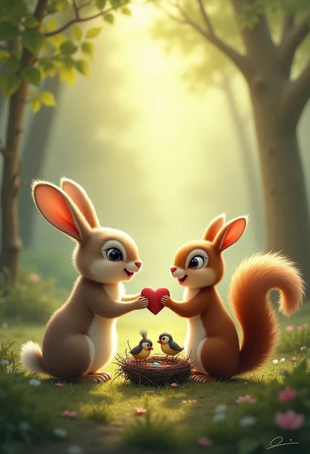 masterpiece, best quality, highly detailed, score_9, score_8_up, score_7_up.
(realistic)
Soft, sun-dappled forest clearing
Rabbit offering a heart-shaped stone to a squirrel
Squirrel with bright, joyful eyes
Birds crafting a cozy nest from twigs and moss
Gentle light filtering through leaves, casting soft shadows
Calm, serene atmosphere reflecting warmth and affection among creatures