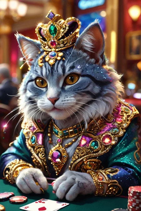 A hyper-realistic, high-quality scene featuring a cat dressed in opulent, luxurious attire, adorned with gold and silver jewelry, laughing heartily while playing poker in a lavish casino. The cat's fur is meticulously detailed, capturing every strand and texture, with its eyes sparkling with excitement. It wears an extravagant outfit complete with a golden crown, a richly embroidered robe, and an array of glistening necklaces and rings. The casino setting is vividly depicted with bright, colorful lights, a polished poker table, and a background filled with other well-dressed patrons and ornate decorations. The cat's expression is one of sheer joy, with its mouth open wide in a laugh, whiskers perked, and eyes gleaming. The overall atmosphere is lively and vibrant, emphasizing the cat's grandiose presence. gemstone, gem, colorful, shine, joyful, opened mouth wide, smile, laugh,
<lora:WildcardX-XL-Detail-Enhancer:0.8>,
<lora:TQ_-_Everything_Is_Gemstone:1.0>,