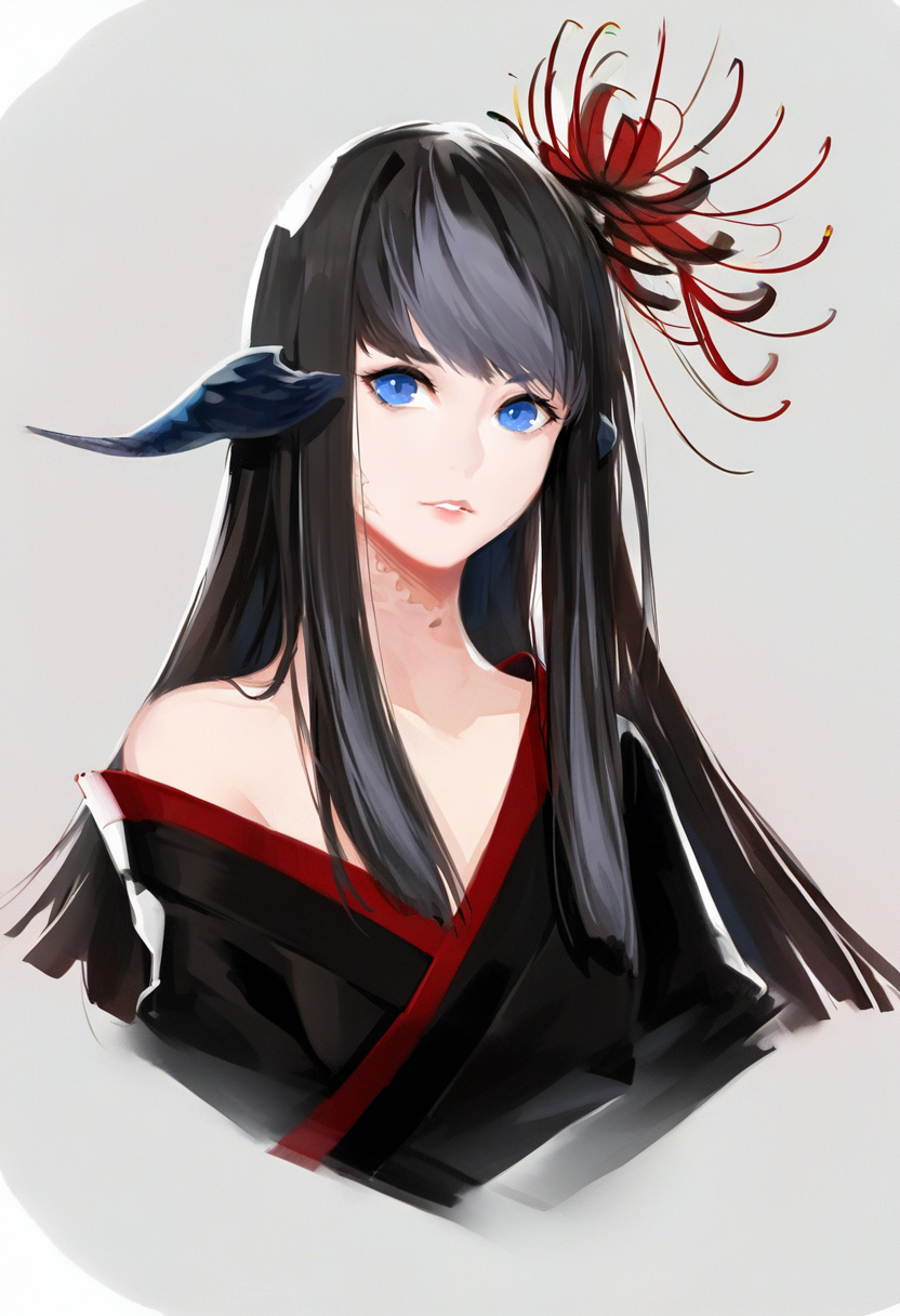 1girl, solo, long hair, au ra, blue eyes, black hair, flower, hair ornament, horns, hair flower, avatar \(ff14\), looking at viewer, black kimono, spider lily, white background, japanese clothes, bangs, upper body, simple background, kimono, red flower, bare shoulders, off shoulder, hyur, cropped torso, dragon horns, parted lips <lora:solaXL_NBVP1_lokr_V6311P:0.95>