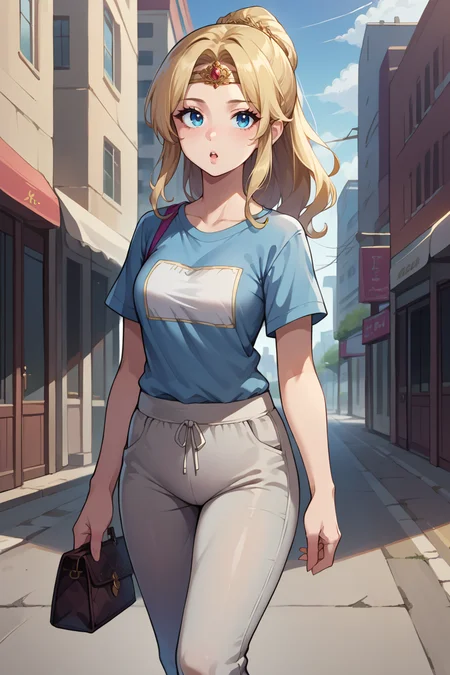 score_9, score_8_up, score_7_up, score_6_up, source_anime, BREAK 1girl, solo, <lora:ff4rosa-pdxl-nvwls-v1-000005:1> ff4ros, blonde hair, blue eyes, circlet, blue t-shirt, handbag, grey pants, track pants, walking, city, looking at you, chestnut mouth