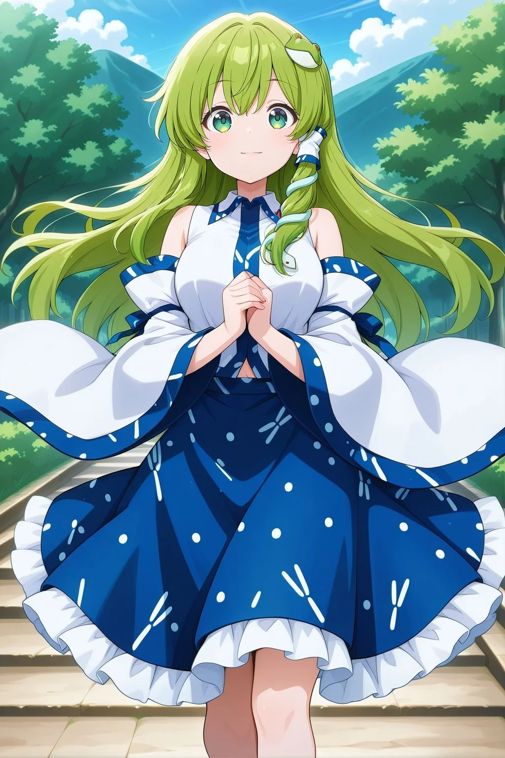 absurdres, highres, masterpiece, best quality, amazing quality, official anime artwork, screencap, anime screencap, outdoors, looking at viewer, light smile, dynamic pose,
<lora:Sanae-Kochiya_IllustriousV2:1> kochiya sanae, 1girl, solo, green eyes, green hair, long hair,, frog hair ornament, hair tubes, snake hair ornament, collared shirt, white shirt, detached sleeves, wide sleeves, blue skirt, frilled skirt,