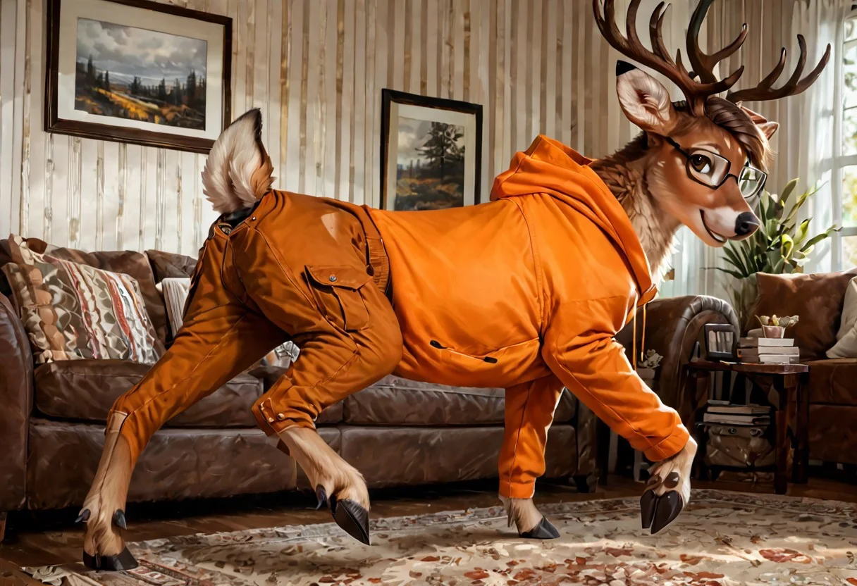 score_9, score_8_up, score_7_up, score_6_up
,
Deer, (clothed feral), (feral), (brown hair, short hair, hair,), (wearing a orange hoodie, cargo pants), (detailed background), living room, modern living room, smile, (male), fur, hair, solo, high quality, pose, furred body, (hooves:1.5), fluffy, (detailed eyes, brown eyes), 
,
highly detailed, realistic fur, beautiful, photorealism, photorealistic, dslr, photo, expressive, (eyebrows), full body, (glasses), eyewear, window, shelves, topwear, pawpads, paw pads, dutch angle, relaxed
,
source_photo, walking on all fours, antlers,
