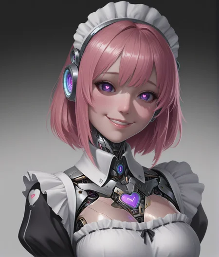 masterpiece, best quality, absurdres, (realistic), solo, 1girl, <lora:Stellaris:1> st portrait, <lora:CivChan:0.6> CivChan, pink hair, purple eyes, heart-shaped pupils, smile, upper body, android, mechabare, yandere, maid, looking at viewer, simple background, gradient background,