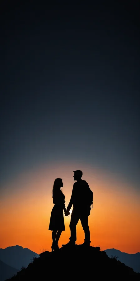 <lora:HMSGåªå½±XL-000001:0.8>,Couple standing, silhouette, mountain top, soft sunset light, romantic, surrealism style, high contrast, high definition photography, black and orange colors