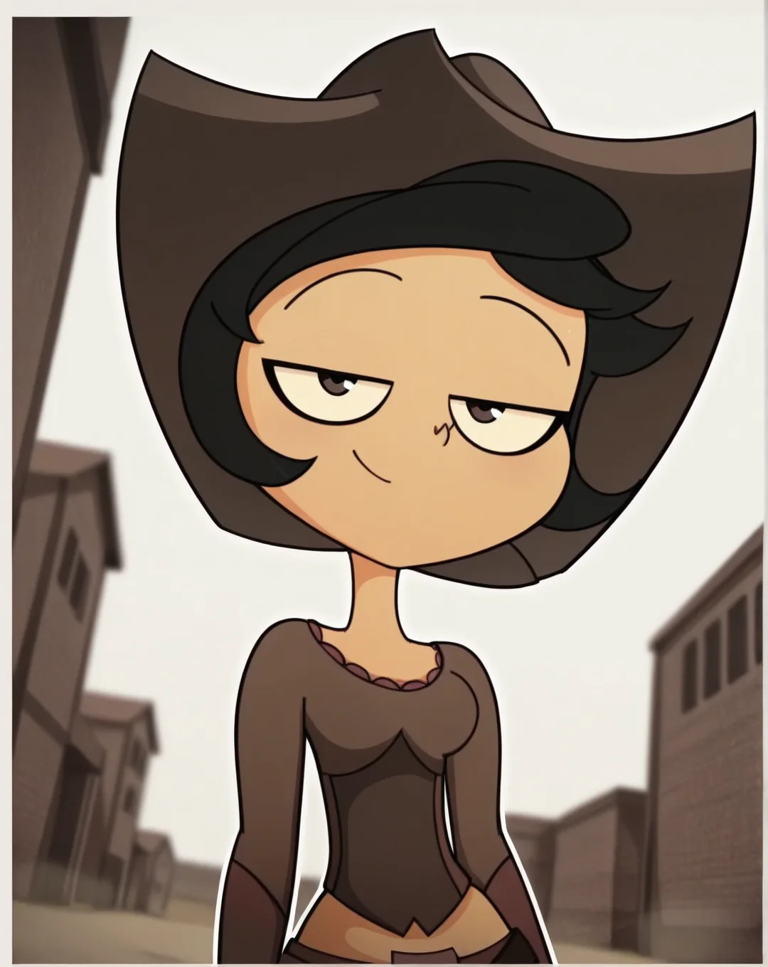 Jo_Constance, 1girl, solo, short black hair, light tanned skin, midriff, cowboy hat, brown long-sleeve shirt, brown shorts, brown belt, brown boots, pov, from below, (smile, dutch angle, naughty pose, looking at viewer, outside, western background, cowboy, solo, dynamic pose, full_body, head tilt,),((white background, White frame, white outline))