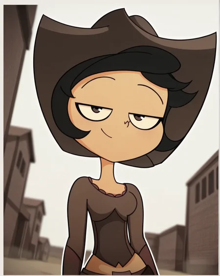 Jo_Constance, 1girl, solo, short black hair, light tanned skin, midriff, cowboy hat, brown long-sleeve shirt, brown shorts, brown belt, brown boots, pov, from below, (smile, dutch angle, naughty pose, looking at viewer, outside, western background, cowboy, solo, dynamic pose, full_body, head tilt,),((white background, White frame, white outline))