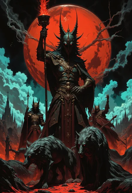 A dramatic, battlefield unfolds beneath a crimson moon, its glow casting an eerie, otherworldly light. Towering gothic cathedrals rise in the background, their spires piercing through, storm-laden clouds streaked with fiery orange and deep cyan. Sharp contrasts between glowing red highlights and shadowy blues amplify the tension, as jagged beams pierce through, creating dramatic, directional lighting. The distant echoes of a haunting choir blend with the low growls of an unseen menace, saturating the air with dread.In the foreground, a pack of armored figures stands united, their glowing, ember-like eyes visible beneath intricately crafted wolf helms. Their crimson-stained weapons catch the light, gleaming ominously against their dark armor. A central figure raises a goblet overflowing with radiant, crimson liquid, her triumphant stance casting a long shadow across the slick, blood-soaked ground littered with banners and shields.Around them, spectral wolves materialize, their translucent forms shimmering with a ghostly cyan light, prowling in synchrony. Each lightning strike splits the sky, momentarily bathing the figures in stark, dramatic illumination. The burning horizon and flickering shadows emphasize the unholy energy of the scene, merging gothic fantasy, primal fury, and supernatural dominance into an awe-inspiring and deeply unsettling vision.best quality,masterpiece,great lighting,sharp focus,clear,stylized