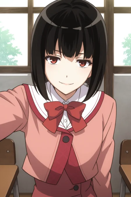 score_9, score_8_up, score_7_up, score_6_up, score_5_up, source_anime, rating_safe, indoors, 1girl, solo, medium breasts, looking at viewer, <lora:age_slider_v4:2>, yagami kagami, black hair, short hair, bob cut, red eyes, school uniform, pink uniform, white collar. pink bowtie, pink jacket, pink shirt, pink skirt, pleated skirt, black kneehighs, loafers, <lora:Kagami_Yagami:0.7>, smile