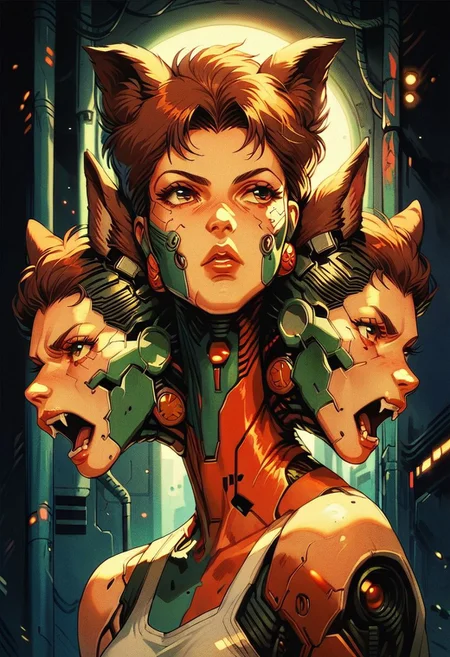 score_9, score_8_up, score_7_up, score_6_up, 1girl, solo, cyberpunk, cyborg, halftone effect, retro artstyle, cerberus, human face, dog ears, ((three heads)),