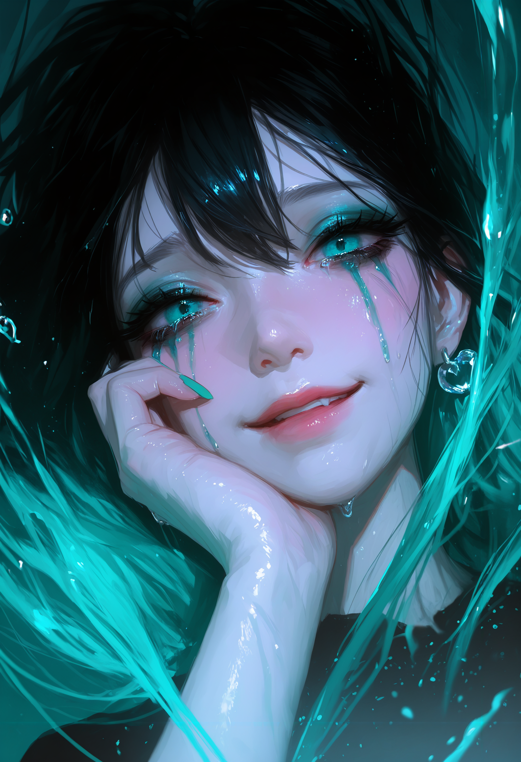 masterpiece, best quality, good quality, very aesthetic, absurdres, newest, 1girl, solo, long_hair, looking_at_viewer, smile, blue_eyes, black_hair, hair_between_eyes, jewelry, earrings, parted_lips, hand_up, tears, nail_polish, aqua_eyes, fingernails, eyelashes, wet, lips, makeup, blood, floating_hair, crying, portrait, pale_skin, close-up, hand_on_own_face, eyeshadow, crying_with_eyes_open, blood_on_face, water_drop, hand_on_own_cheek, green_nails, aqua_nails, runny_makeup,long hair <lora:ponyv5_noobV065S_1_adamW-000013:0.7> <lora:USNR_STYLE_XL_lokr:0.45> <lora:748cmSDXL:0.4>
