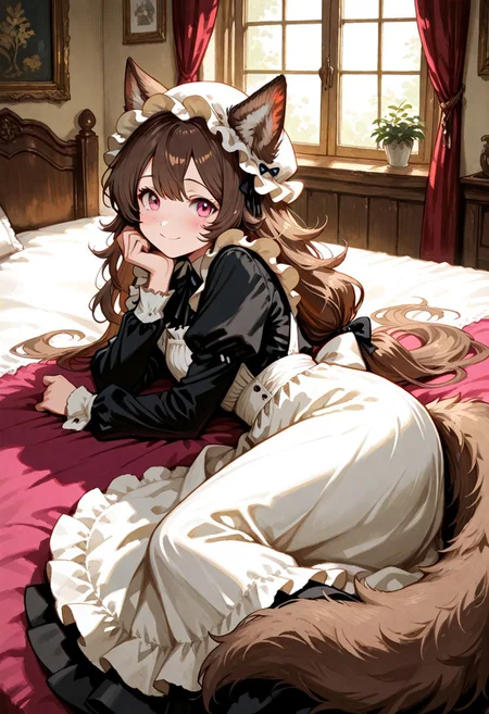 masterpiece, best quality, good quality, very awa, very aesthetic, absurdres, newest, gr4ph1t3, beautiful eyes, perfect eyes, detailed eyes, 1girl, solo, maid, Victorian style maid clothes, full sleeves, long apron, classic, maid mob cap, long brown hair, low-tied long hair, wolf ears, long fluffy brown tail, very long tail, beautiful pink eyes,looking at viewer,lying,from side, cute, blush, shy smile, Victorian room,
