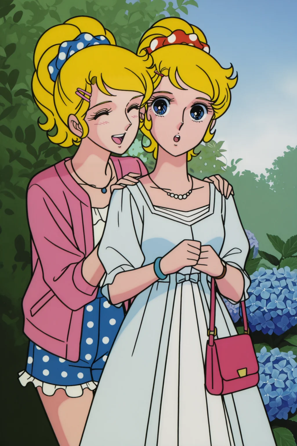 <lora:VersaillesnoBara:1>, VersaillesnoBara, retro artstyle, 2girls, multiple girls, hair ornament, sisters, siblings, flower, dress, jewelry, polka dot, closed eyes, open mouth, smile, scrunchie, hairclip, necklace, outdoors, polka dot scrunchie, hydrangea, ^_^, :o, looking at another, polka dot dress, hair scrunchie, frills, handbag, watch, polka dot skirt, wristwatch, blue scrunchie, bracelet, :d, collarbone, shopping bag, short sleeves, day, cardigan, jacket, shorts, white dress, hand on another's shoulder, pink jacket