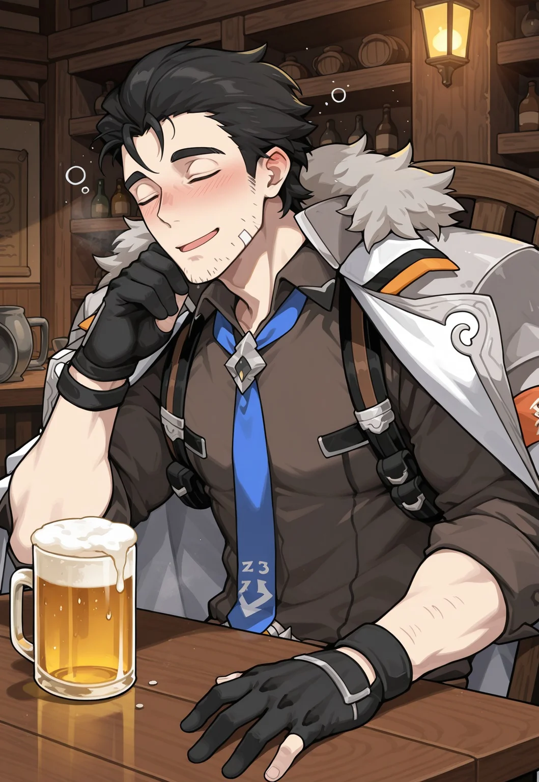 masterpiece, best quality, newest, extreme detail description, amazing quality, 1boy, solo, z3kh3l_wf, brown eyes, black hair, stubble, fur-trimmed coat, coat on shoulders, collared shirt, brown shirt, blue necktie, partially fingerless gloves, sleeping, beer mug, sitting on chair, head on table:1.2, smile, open mouth, blush, drunk,  table, tavern background,