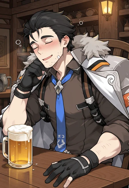masterpiece, best quality, newest, extreme detail description, amazing quality, 1boy, solo, z3kh3l_wf, brown eyes, black hair, stubble, fur-trimmed coat, coat on shoulders, collared shirt, brown shirt, blue necktie, partially fingerless gloves, sleeping, beer mug, sitting on chair, head on table:1.2, smile, open mouth, blush, drunk, table, tavern background,