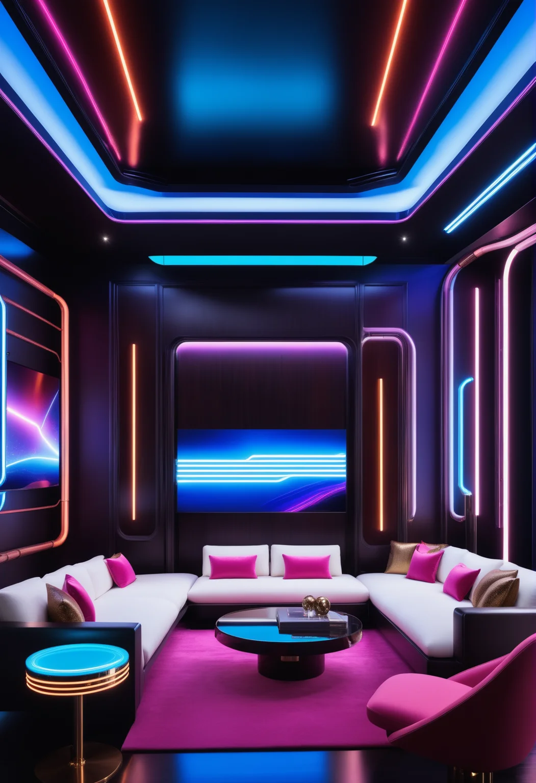 masterpiece, high quality,, a reij living room, neon color and ambient neon light, ebony wood details <lora:reij-neonelegance:0.7>