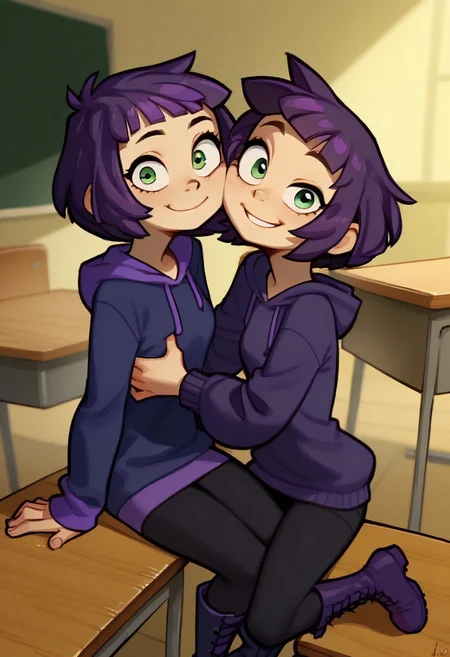 score_9, score_8_up, score_7_up, score_6_up, score_5_up, score_4_up, 2 girls in image, sitting on desks, smiling, looking at viewer, arms around each other, friends, 
BREAK, 
1 girl, square head, green eyes, squinch, round eyes, long hair, dark blue hair, dark blue dress sweater, black leggings, small black boots, 
BREAK
1 girl, short hair, purple hair, long eyelashes, purple hoodie, purple skirt, purple shoes, , hood up