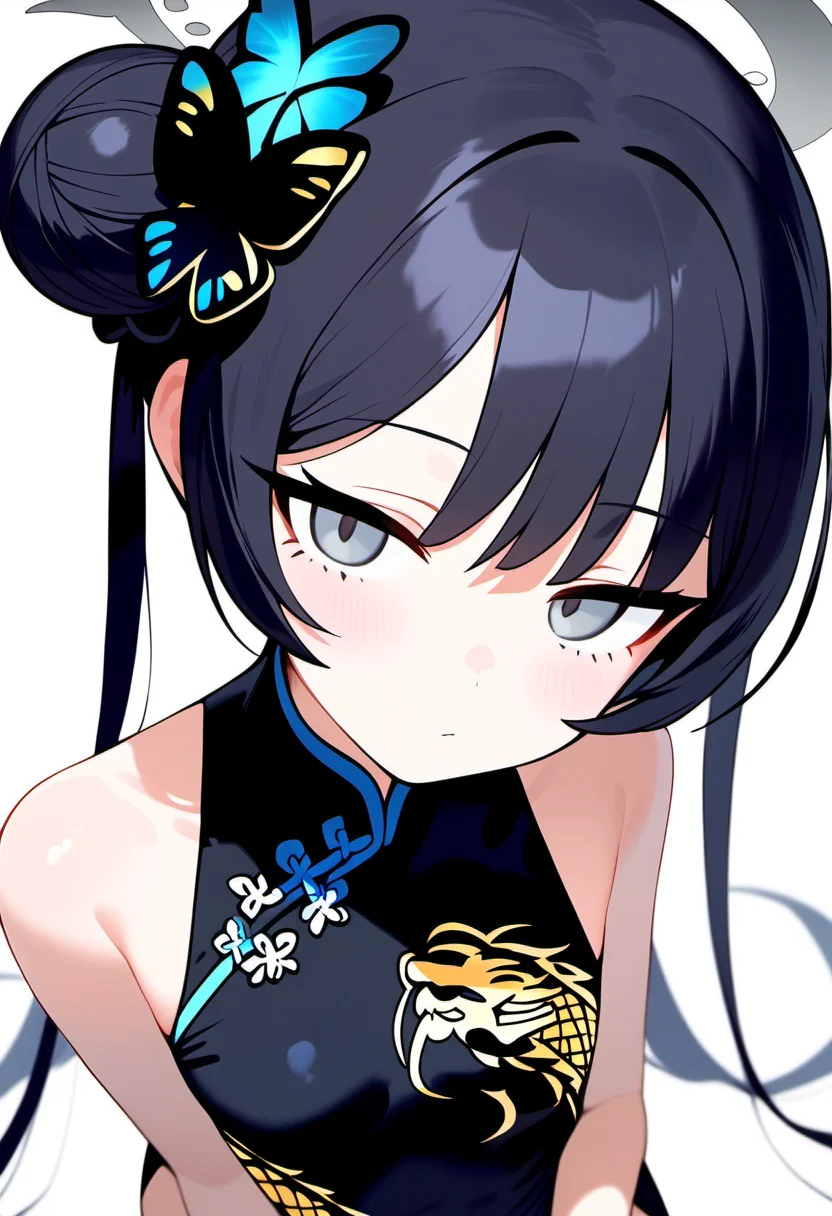 1girl, blue archive, kisaki \(blue archive\), bare shoulders, black dress, black gloves, black hair, butterfly hair ornament, china dress, grey eyes, hair bun, hair ornament, halo, own hands together, long hair, looking at viewer, white background, sleeveless dress, solo, upper body, dynamic angle, from above, score_9, score_8_up, score_7_up