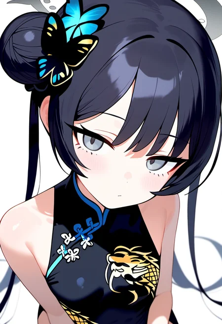 1girl, blue archive, kisaki \(blue archive\), bare shoulders, black dress, black gloves, black hair, butterfly hair ornament, china dress, grey eyes, hair bun, hair ornament, halo, own hands together, long hair, looking at viewer, white background, sleeveless dress, solo, upper body, dynamic angle, from above, score_9, score_8_up, score_7_up