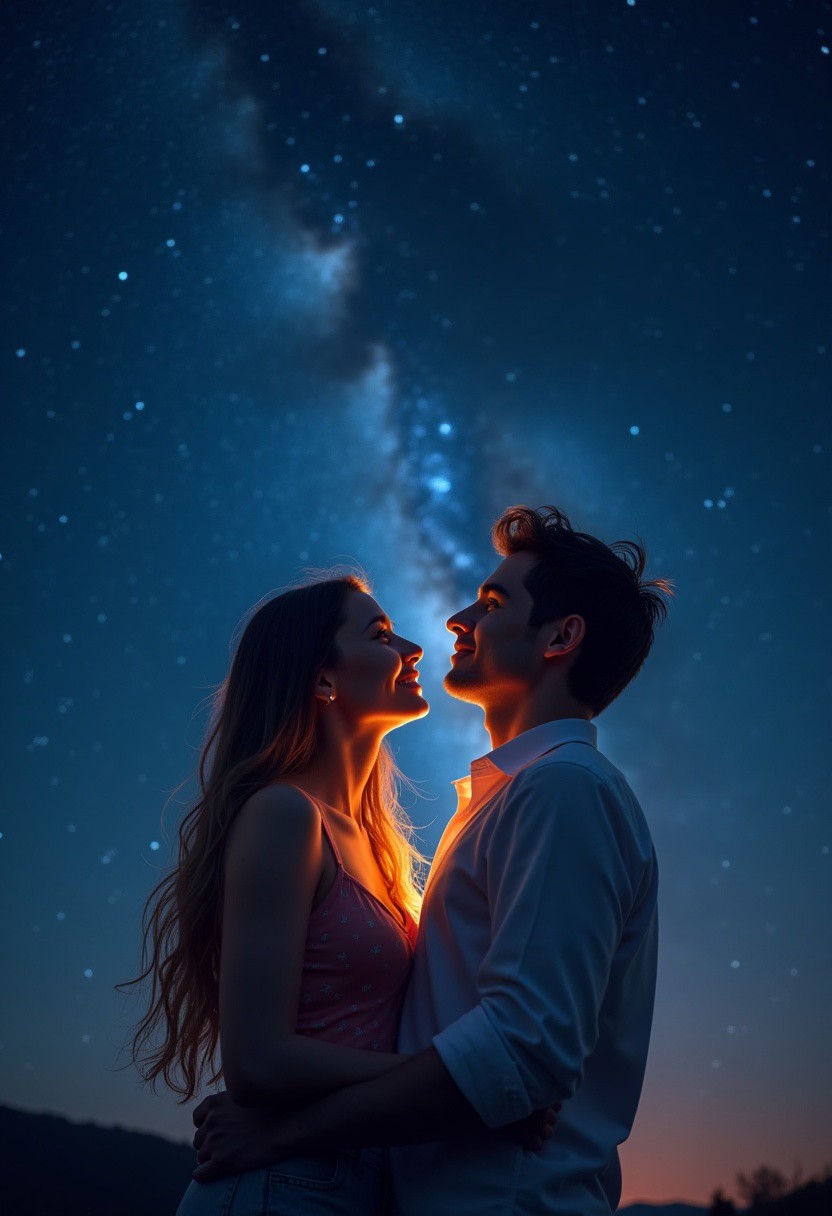 A young couple's affectionate moment unfolds under a starry night sky. Photorealistic dynamic angles capture the couple's intimate relationship as they gaze up at the sky.  Natural light casts a warm glow on the couple's skin. Featuring the majestic Milky Way in the night sky, this scene comes to life with vibrant colors and delicate shading.