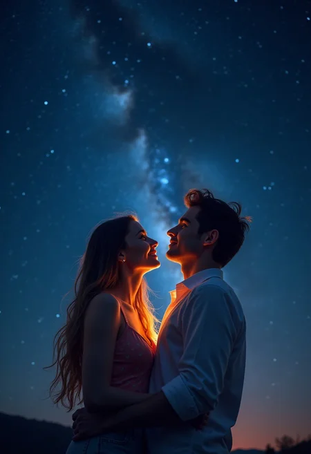 A young couple's affectionate moment unfolds under a starry night sky. Photorealistic dynamic angles capture the couple's intimate relationship as they gaze up at the sky.  Natural light casts a warm glow on the couple's skin. Featuring the majestic Milky Way in the night sky, this scene comes to life with vibrant colors and delicate shading.