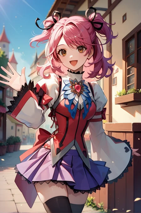 score_9, score_8_up, score_7_up, very aesthetic, source_anime, detailed, high quality, beautiful, masterpiece, detailed eyes,
<lora:lightXL:0.8>
village, blurry background,
upper body, close up,
smile, open mouth, waving,
<lora:cheria_autismConfetti_v03:0.95>
cheria barnes, pink hair, brown eyes, twintails, two side up, medium hair,
thighhighs, brooch, long sleeves, puffy sleeves, purple skirt, jewelry, black thighhighs, white footwear, (wide sleeves:0.7), pleated skirt, laces,, zPDXL