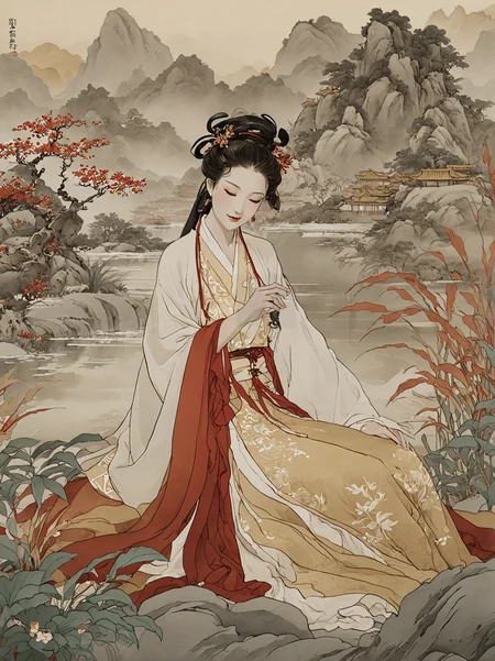 Whimsical and Playful, cinematic photo ink wash painting of light hanfu,A traditional Chinese art-inspired portrait, featuring a woman in ancient Hanfu attire. The serene landscape evokes the tranquility found in classical Chinese paintings from the Song and Ming dynasties. Complementing the scene are golden calligraphy characters and red seals, all set within a color palette rich in soft golds, whites, and deep reds.Tilted frame, introducing a sense of tension or dynamism.,A tranquil, peaceful environment. . monochromatic, loose, fluid, expressive, delicate,colorful . 35mm photograph, film, bokeh, professional, 4k, highly detailed, imaginative, fantastical, bight colors, stylized, happy, Whimsical and Playful