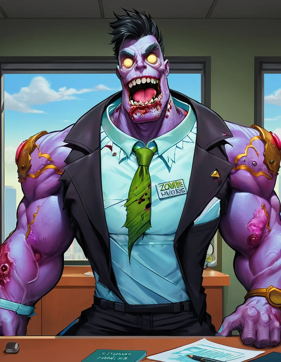 a styled art masterpiece,a towering DrMundo in official suit posing in his office as zombie, tounge out,crazy demeanor, muscled, styled dreamart,outlined features, hyperdetailed art,
(Illustration, colorful palette,exaggerated muscles size:1.1), <lora:madman-DrMundo-sdxl_lora:1>