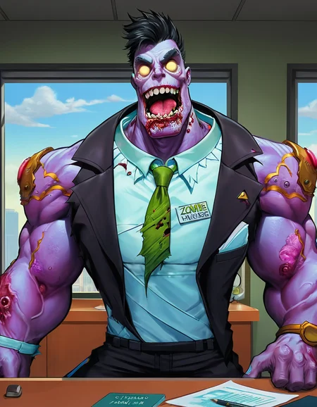 a styled art masterpiece,a towering DrMundo in official suit posing in his office as zombie, tounge out,crazy demeanor, muscled, styled dreamart,outlined features, hyperdetailed art,
(Illustration, colorful palette,exaggerated muscles size:1.1), <lora:madman-DrMundo-sdxl_lora:1>