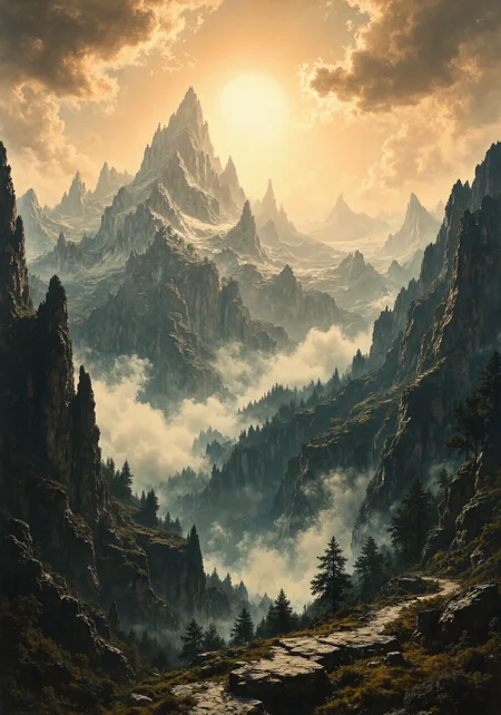 Majestic mountain range, dramatic low-angle view, luminous amber sky, intricate rocky textures, delicate mist shrouds rugged peaks, expansive craggy ridges, evergreen silhouettes, immersive 8k clarity, intricate landscape detail, refined spatial composition, timeless alpine ambiance, pristine natural gradients, vibrant natural hues, golden radiance, ethereal atmosphere, natural masterpiece <lora:FluxMythP0rtr4itStyle:0.1> <lora:Mezzotint_Artstyle_for_Flux_-_by_Ethanar:0.8> <lora:artilands:0.6> <lora:flux_dev:1>