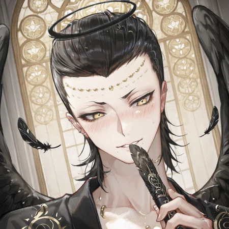 (masterpiece, best quality, ultra-detailed, hyperrealistic, breathtaking, stunning composition, celestial perfection, divine beauty, heavenly radiance, cinematic lighting, soft glow, ultra-smooth shading, depth_of_field, intricate detailing, sacred atmosphere, painterly realism), WHBBelphegor, 1boy, male_focus:1.4, black_hair, slicked_back_hair, luminous_white_eyes, black_halo, faint_golden_light_around_halo, serene cute angry face, black large wings:1.4, multiple black large wings:1.4, ethereal_purity, flowing dark gold silk robes, intricate_gold_embroidery, heavenly_light_rays, celestial_dust_particles_floating, warm_sunset_reflections_on_skin, delicate_wind_tousling_hair, soft_rim_light_highlighting_face, angelic_aura, flawless_translucent_skin, subtle_blush, parted lips, golden_metallic_accents_on_clothing, glowing_stained_glass_reflection, dreamy_light_refractions, white_feathers_floating_around, shimmering_air, godly_presence, majestic_background, soft_bloom_effect, rich_baroque_architecture, grand_staircase_leading_to_heavenly_light, divine_grace_embodied, sacred_glow, whisper_of_warm_air, peaceful_pure_mood, indescribable_beauty, golden_hour_lighting, divine_reverence, soft-focus_background, light_orbs_dancing_in_air, otherworldly_perfection, close-up portrait, from the side, slightly tilted angle, from underneath, **holding a dark ethereal flute, playing a hauntingly beautiful melody, lips gently pressed against the mouthpiece, fingers gliding over the silver-engraved keys, wisps of dark mist spiraling from the instrument, spectral musical notes glowing mid-air, intense focused gaze, body slightly tilted, golden silk flowing around him, magical sound waves shaping celestial runes, black feathers drifting around, the entire world vibrating with divine music, a sacred aura radiating from the melody, the sky shimmering with cosmic brilliance, angelic presence overwhelming the scene**. <lora:WHB_Belphegor:1> <lora:Style_4k-data_lora_webui:0.8>