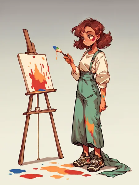 score_9, score_8_up, score_7_up, score_6_up, score_5_up, score_4_up, <lora:l414XLP3:0.8> l414, full body, 1girl, canvas, covered in paint, colorful, holding paint brush, standing, rainbow,