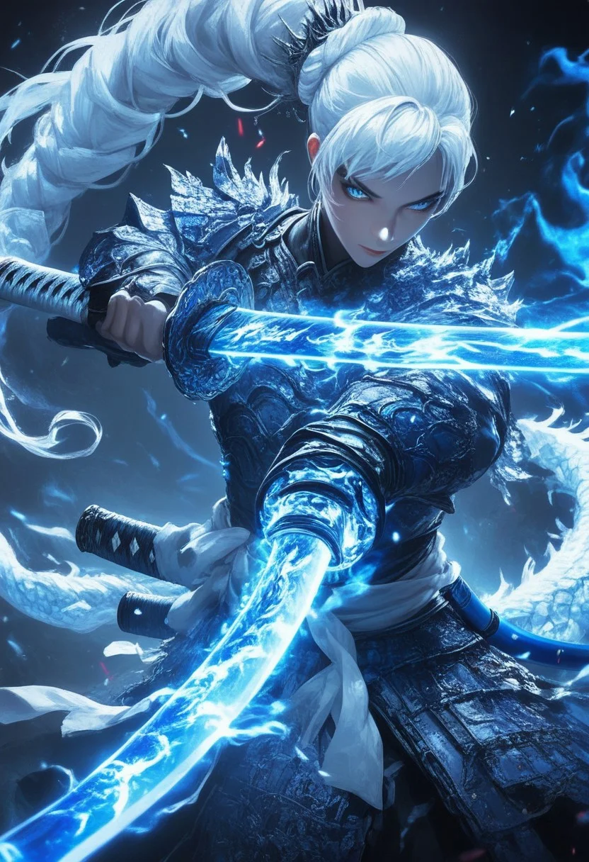 score_9, score_8_up, score_7_up, upscale 2x, (A close up cinematic shot of a Weiss Schnee holding a katana infront of her face, the katana is detailed with a blue glowing dragon swirling around the blade, extremely detailed. Dragon Samurai.:1.2)