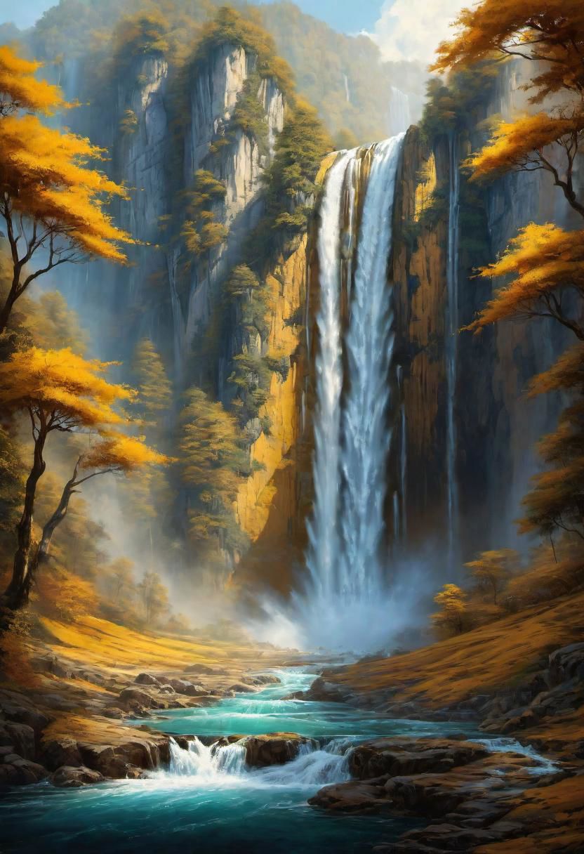 a landscape of a waterfall with gold water,
 masterpiece, highly detailed,
EdobHorrorLandscape,