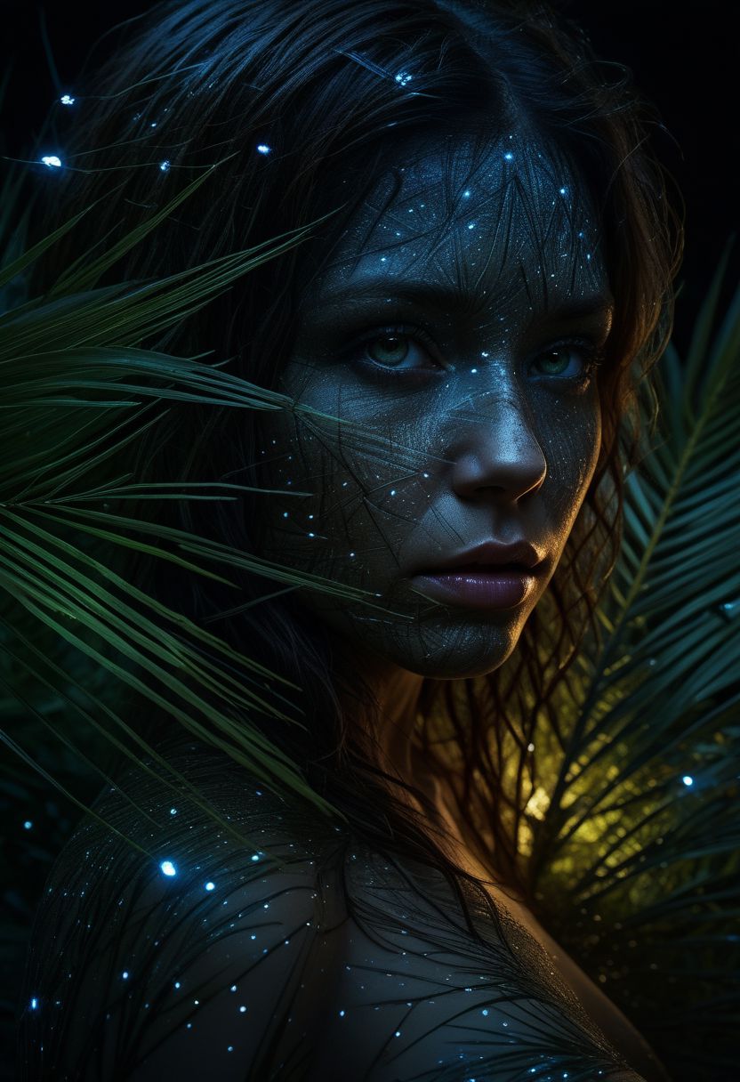 close-up face, mysterious silhouette of a woman, glowing fireflies illuminating her, night time palm trees, goddess, alluring, by Minjae Lee, Carne Griffiths, Emily Kell, Steve McCurry, Geoffroy Thoorens, Aaron Horkey, Jordan Grimmer, Greg Rutkowski, amazing depth, double exposure, surreal, geometric patterns, intricately detailed, bokeh,  perfect balanced, deep fine borders, artistic photorealism , smooth,  great masterwork by Suiras  <lora:add-detail-xl:2>  <lora:Double_Exposure:0.5>