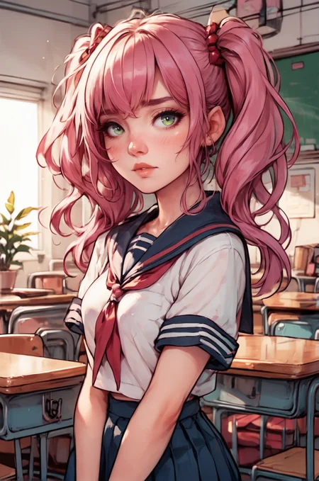 high quality, one girl, embarrassed, cute, beautiful appearance, pink hair, long hair, pigtails, green eyes, thick eyelashes, sexy body, in school uniform, looking at viewer, indoors <lora:43stl1ght1ngXLP2:0.5> <lora:alexchow:1> <lora:CyanVanilla:0.8>, score_9, score_8_up, score_7_up
