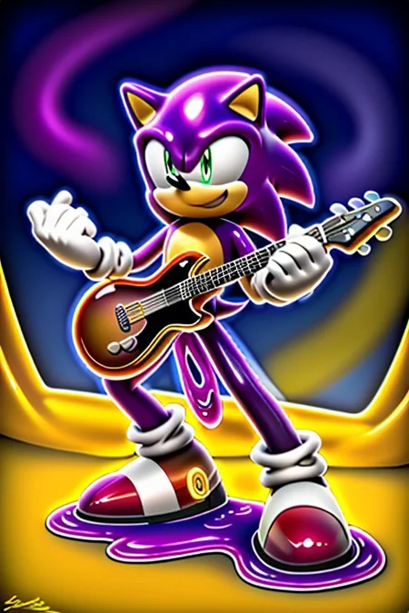 Create a vibrant, high-energy scene featuring Sonic the Hedgehog playing a guitar. Sonic is posing in a dynamic, rockstar stance, with his iconic red shoes and white gloves contrasting against the colorful, gooey slime.
The guitar is covered in a thick, translucent layer of slime-morph that's dripping and oozing down the instrument's body. The slime is a bright, electric green and is adorned with colorful, swirling patterns that match Sonic's energetic personality.
The scene is set against a bright, sunny background with a hint of a cityscape or a futuristic landscape. The atmosphere is lively and energetic, with bold, dynamic lines and vibrant colors that match Sonic's speed and personality.
The image should have a stylized, cartoonish feel with bold lines, vibrant colors, and a sense of dynamic movement. Sonic and the slime guitar should be depicted in a fun, exaggerated manner, with a focus on conveying energy, excitement, and rockstar attitude.