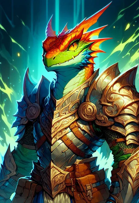 score_9, score_8_up, score_7_up, lizardfolk, metal armor, Flashfire glowing runes blue and green,