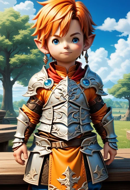LalaTater, Lalafell, 1boy, armor, blue eyes, cloud, day, earrings, fantasy, jewelry, looking at viewer, male focus, orange hair, outdoors, sky, tree, chibi, , puntable BREAK PonyXLV6_Scores