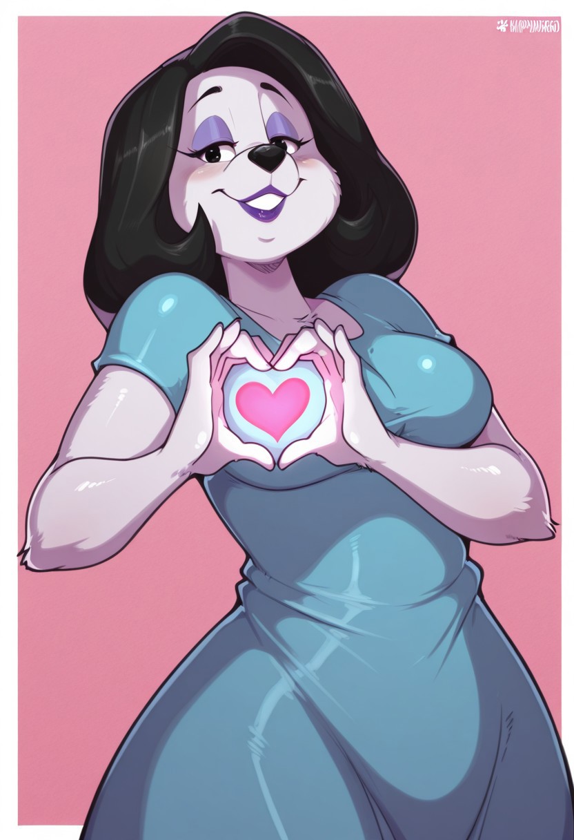 kappadoggo, , 1girl, solo, medium build, medium hair, sfw, safe for work, covered skin, flowy dress,  black eyes, purple lipgloss, smiling, portrait, upper body, heart hands, mature female, foreshortening, detailed, newest, shiny skin, cowboy angle, solo focus, furry, anthro, furry female, medium breasts,