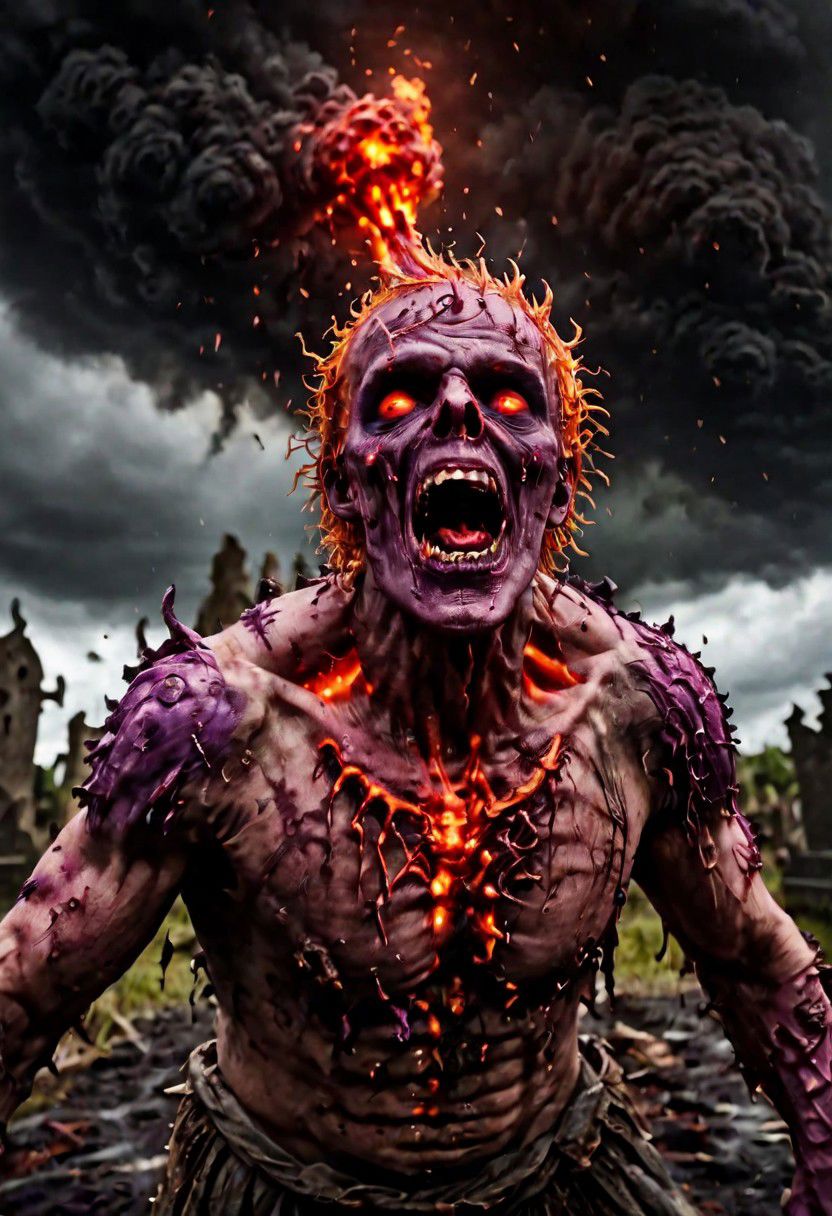 wide-angle shot of purple DEVIL SPAWN, screaming at the air, surrounded by lava, glowing red ambers