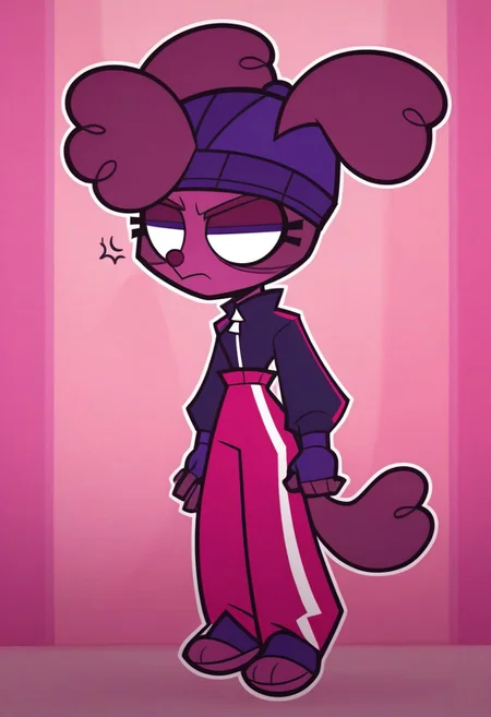 Score_9, score_8_up, score_7_up, solo, thick outline, black outline, Zoe, 1girl, solo, furry, furry female, purple eyes, animal ears, tail, pants, long sleeves, beanie, hat, red pants, track pants, jacket, fingerless gloves, pink pants, annoyed,