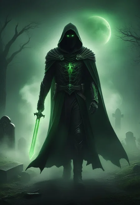 A Reaper holding a green glowing sinn on his shoulder, black and dark green armor, , walking, graveyard background, black cape, fog, dark scene, cinematic, FredFraiStyle
(8k uhd:1,4)
<lora:add-detail-xl:1>
<lora:WildcardX-XL-Detail-Enhancer:1>
<lora:MJ52:0.375>
<lora:CinematicStyle_v1:0.42>