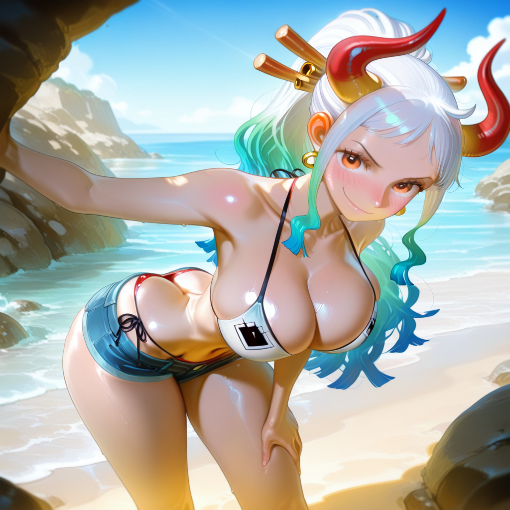 1girl, yamato \(one piece\) 
,
narrow waist, wide hips, breasts, looking at viewer, blush, smile, navel, cleavage, bare shoulders, closed mouth, standing, collarbone, swimsuit, ass, bikini, thighs, outdoors, day, water, bare arms, short shorts, leaning forward, bikini, side-tie bikini bottom, ocean, halterneck, beach, denim, string bikini, shorts, denim shorts, butt crack, rock, sand
,
masterpiece, best quality, very aesthetic, absurdres, Detailed face, detailed background,  <lora:Vibrant_Mix_E9:0.8>