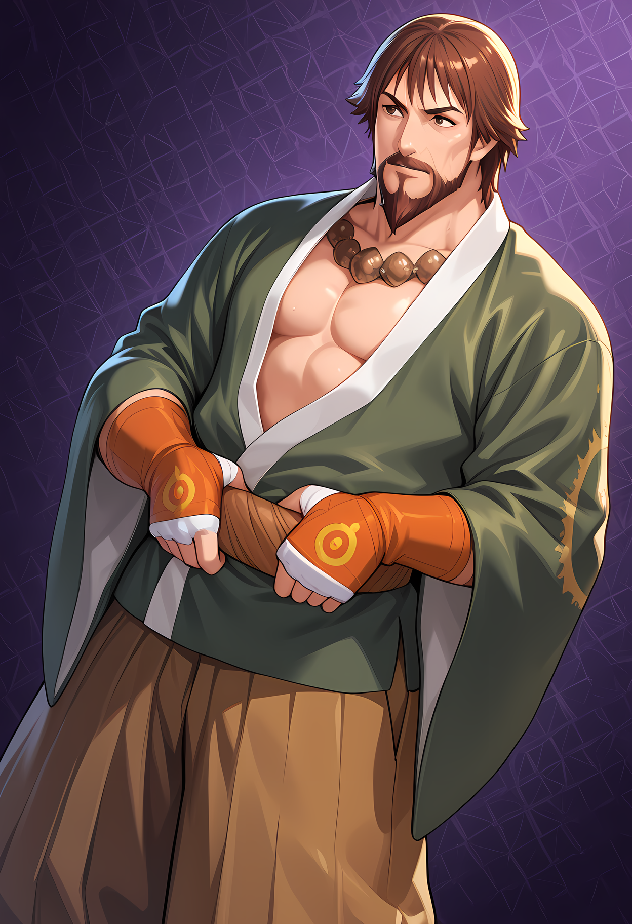 masterpiece, best quality, amazing quality, dutch angle, abstract background, BREAK
solo, male focus, 1boy, mature male, kof_saisyu, brown hair, brown eyes, facial hair, beard, green kimono, brown pants, , BREAK
 <lora:cfg_scale_boost:.6>  <lora:Saisyu_Kusanagi_-_King_of_Fighters_-_ILXL:1>